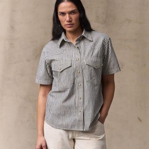 Women's Short Sleeve Chambray Western Shirt - Indigo / Natural
