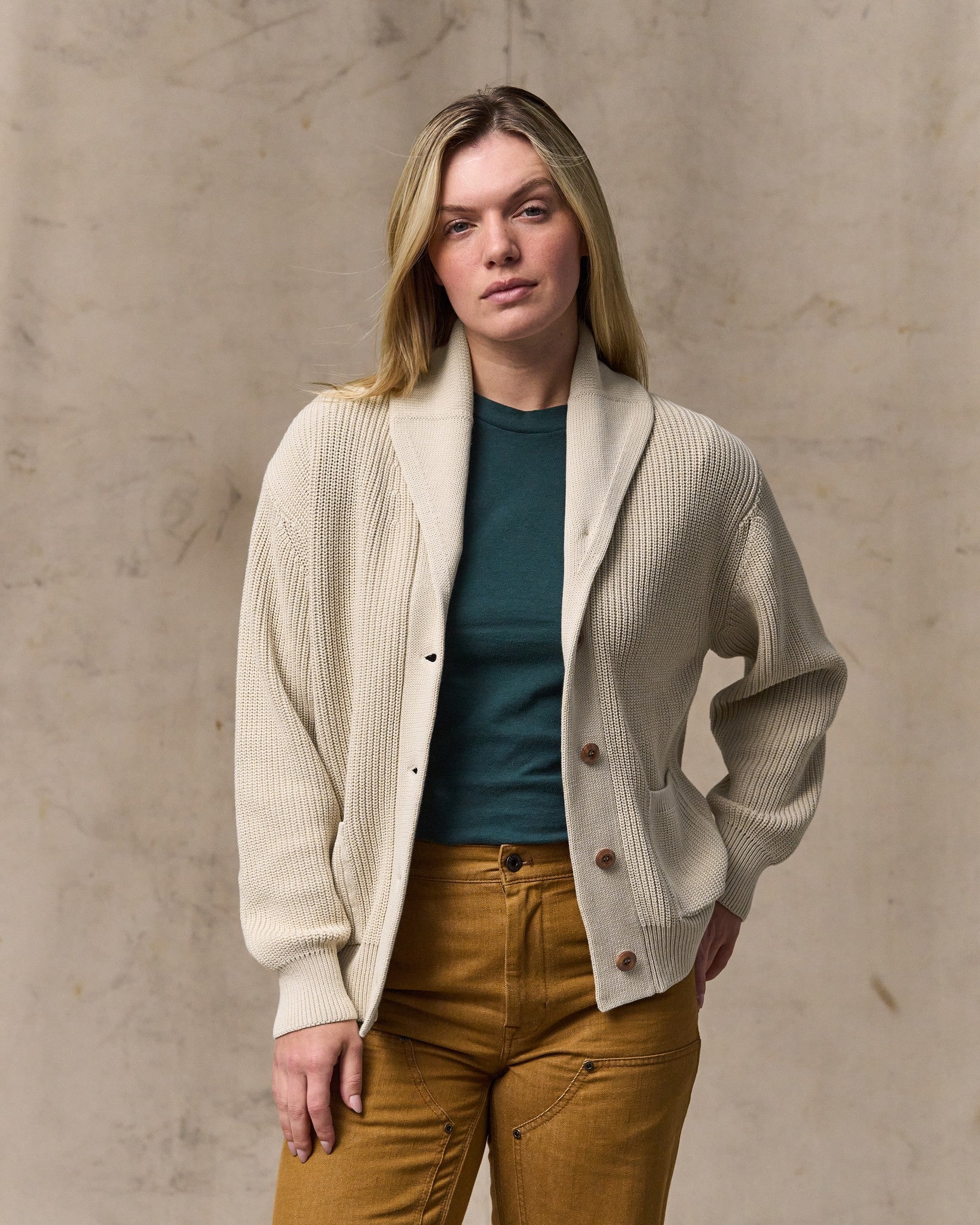 Women's Cotton Shawl Neck Cardigan - Natural - Image 5