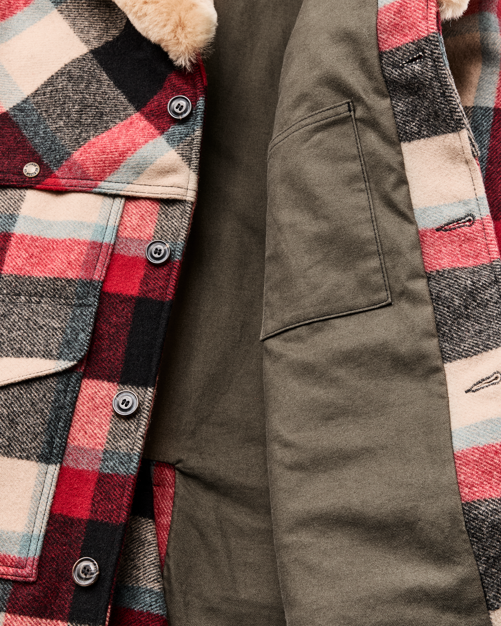 Lined Mackinaw Wool Packer Coat - Red / Cream / Blue Plaid - Image 9