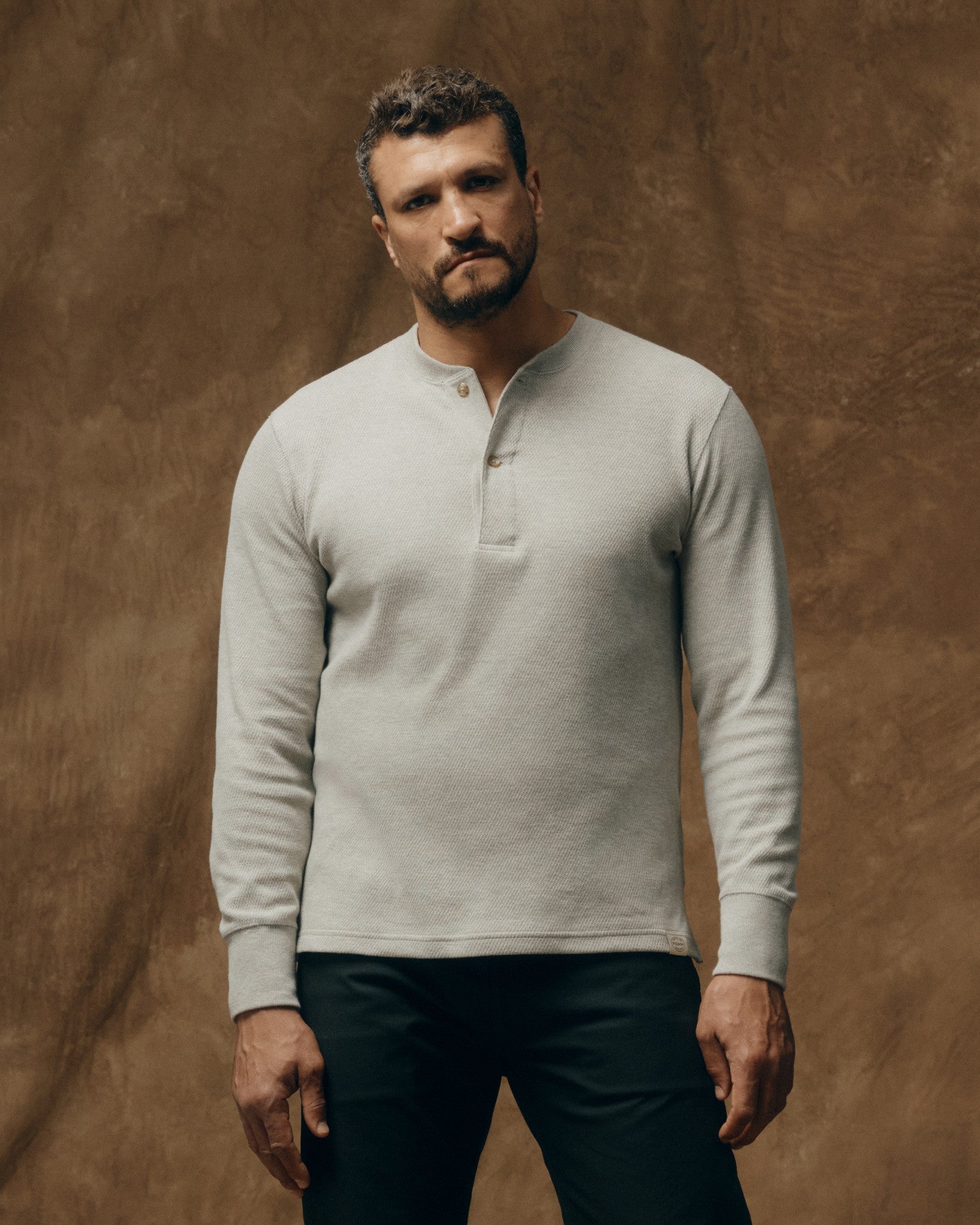 Waffle Knit Henley - Light Heather Gray