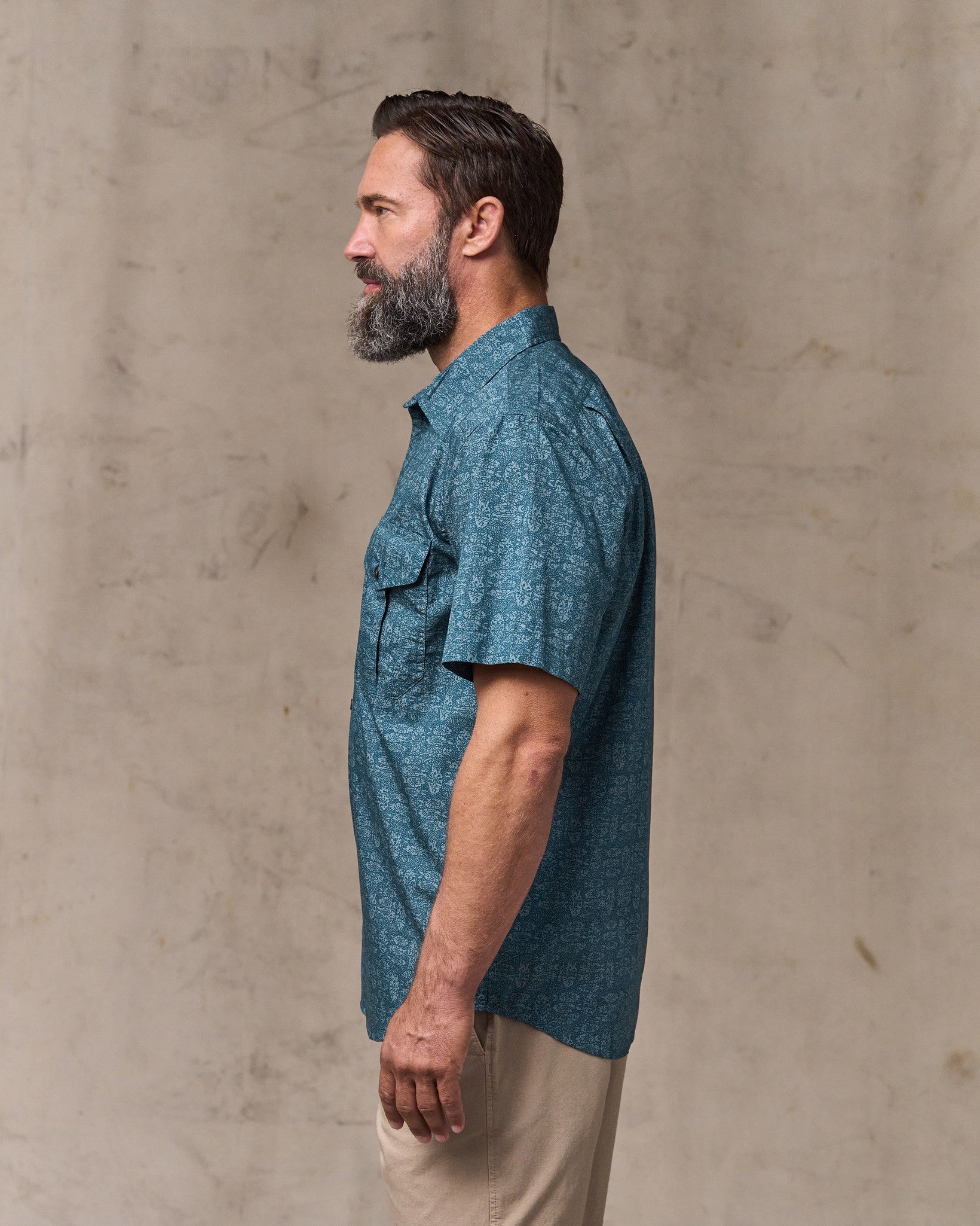 Washed Short Sleeve Feather Cloth Shirt - Blue Print - Image 3