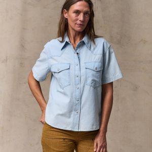 Women's Short Sleeve Chambray Western Shirt - Light Indigo