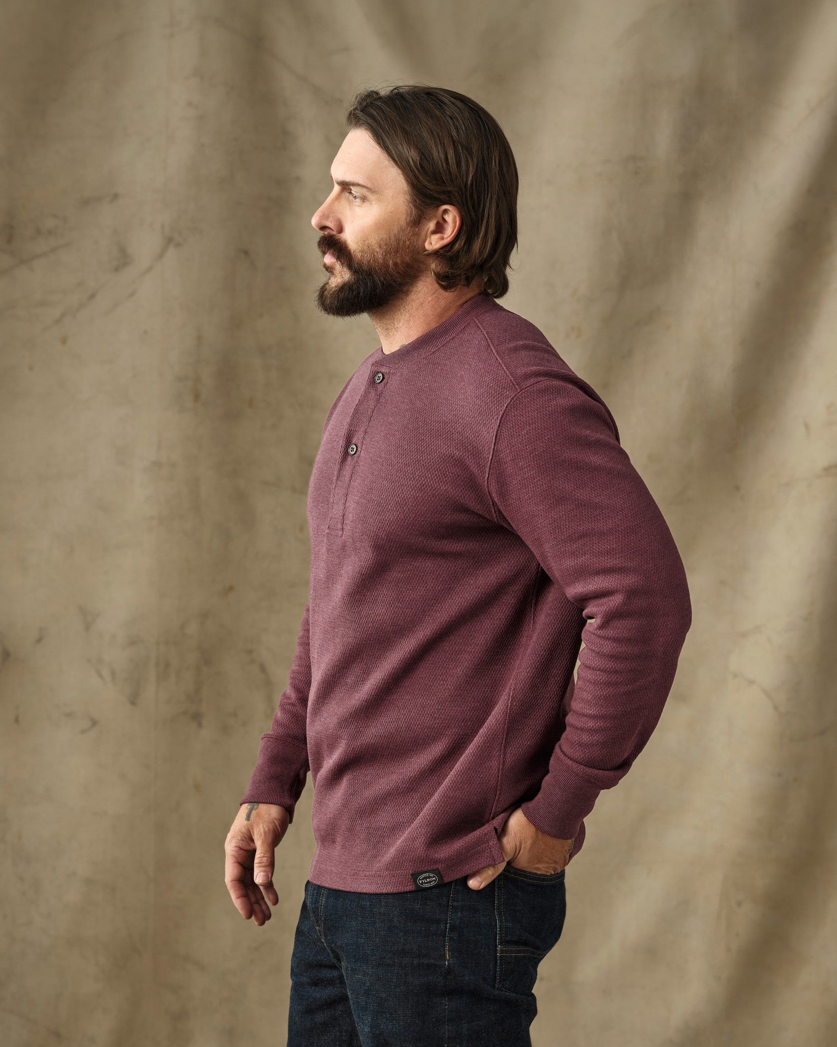 Waffle Knit Henley - Dark Port Heather - Image 3