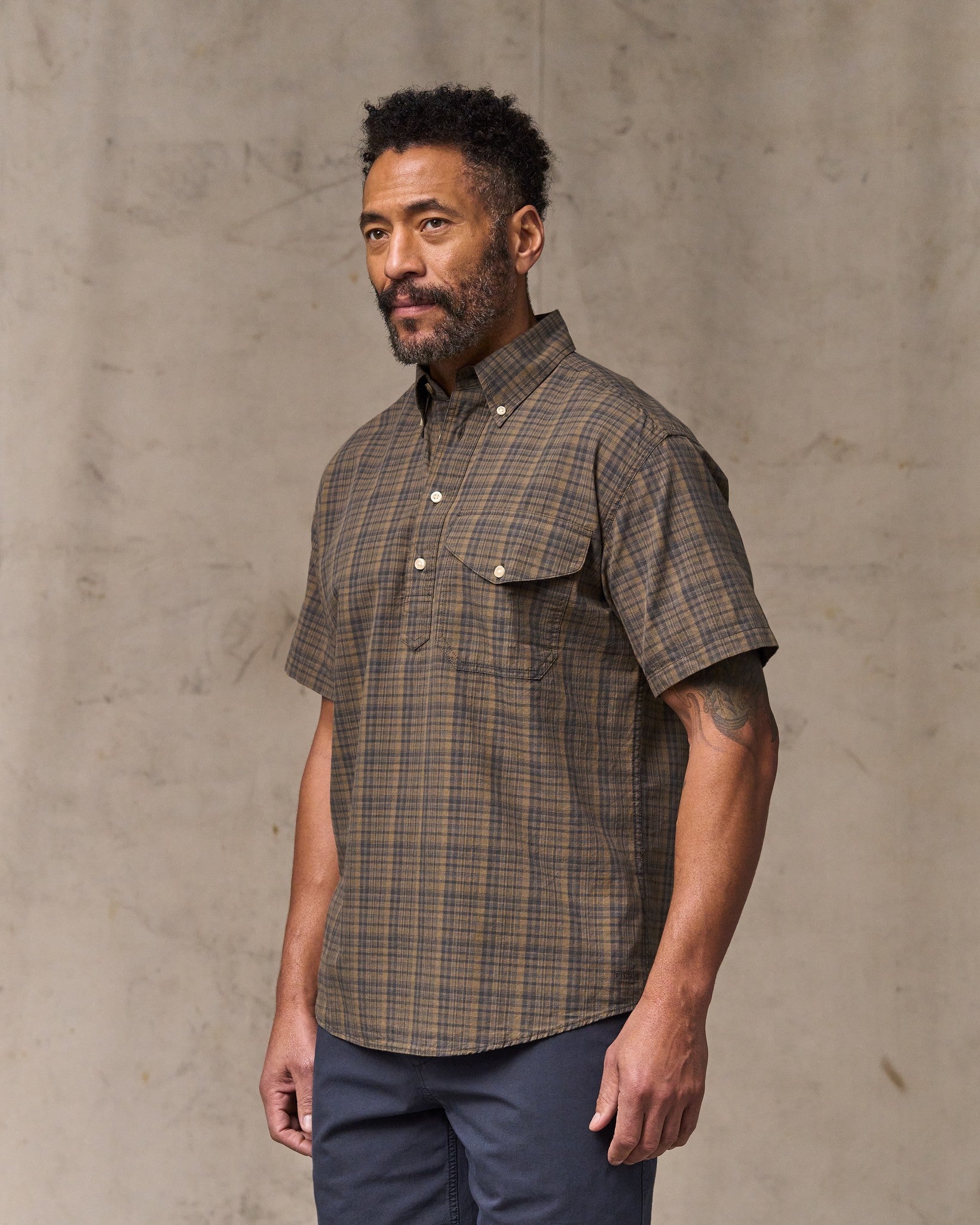 Short Sleeve Madras Popover Shirt - Brown / Olive Plaid - Image 4