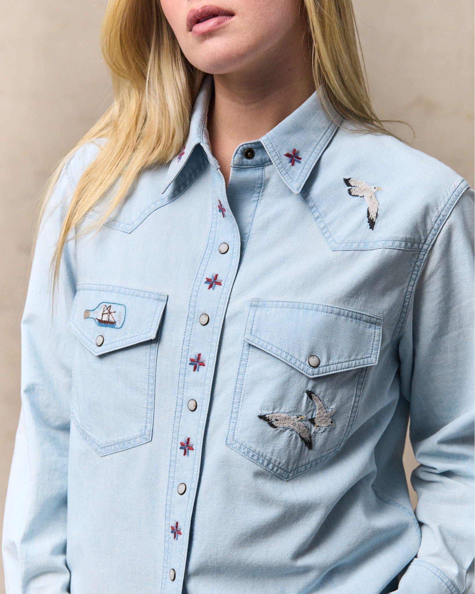 Women's Embroidered Western Shirt - Light Indigo - Image 4