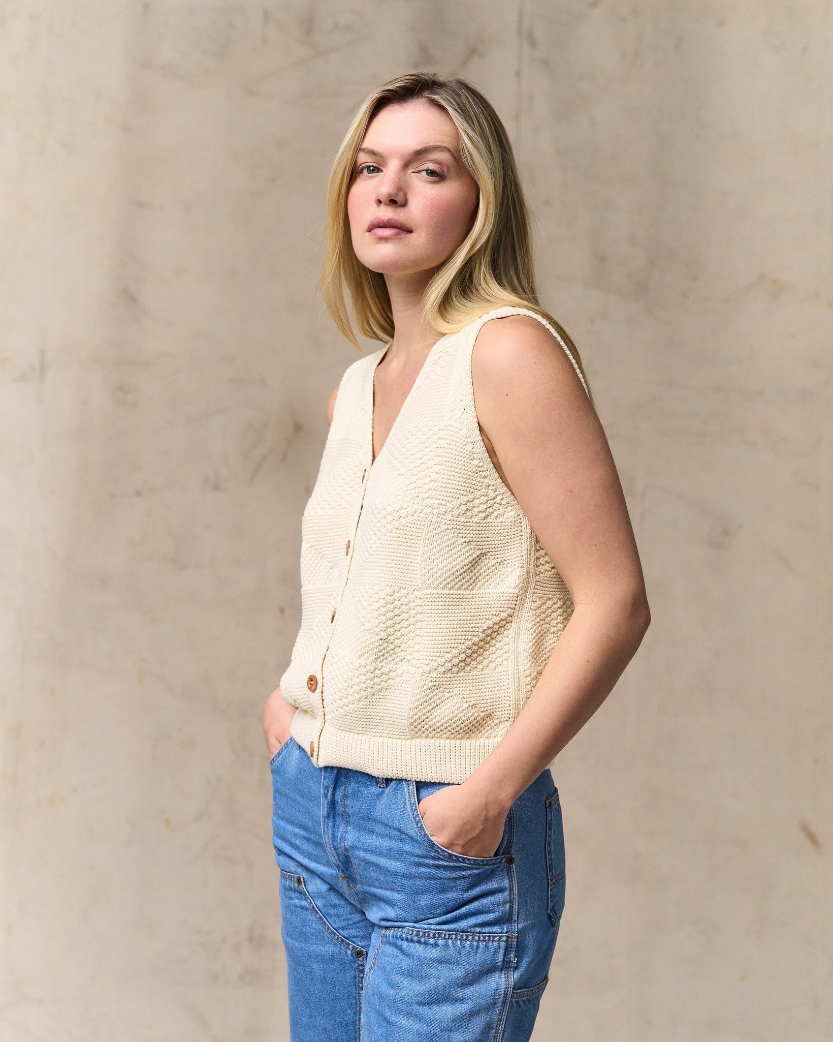 Women's Cotton Sweater Vest - Ivory - Image 4