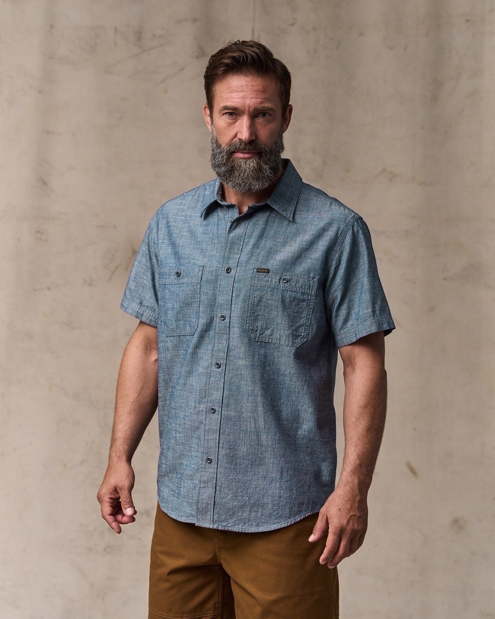 Short-sleeve Embroidered Chambray Shirt - Rinsed Indigo