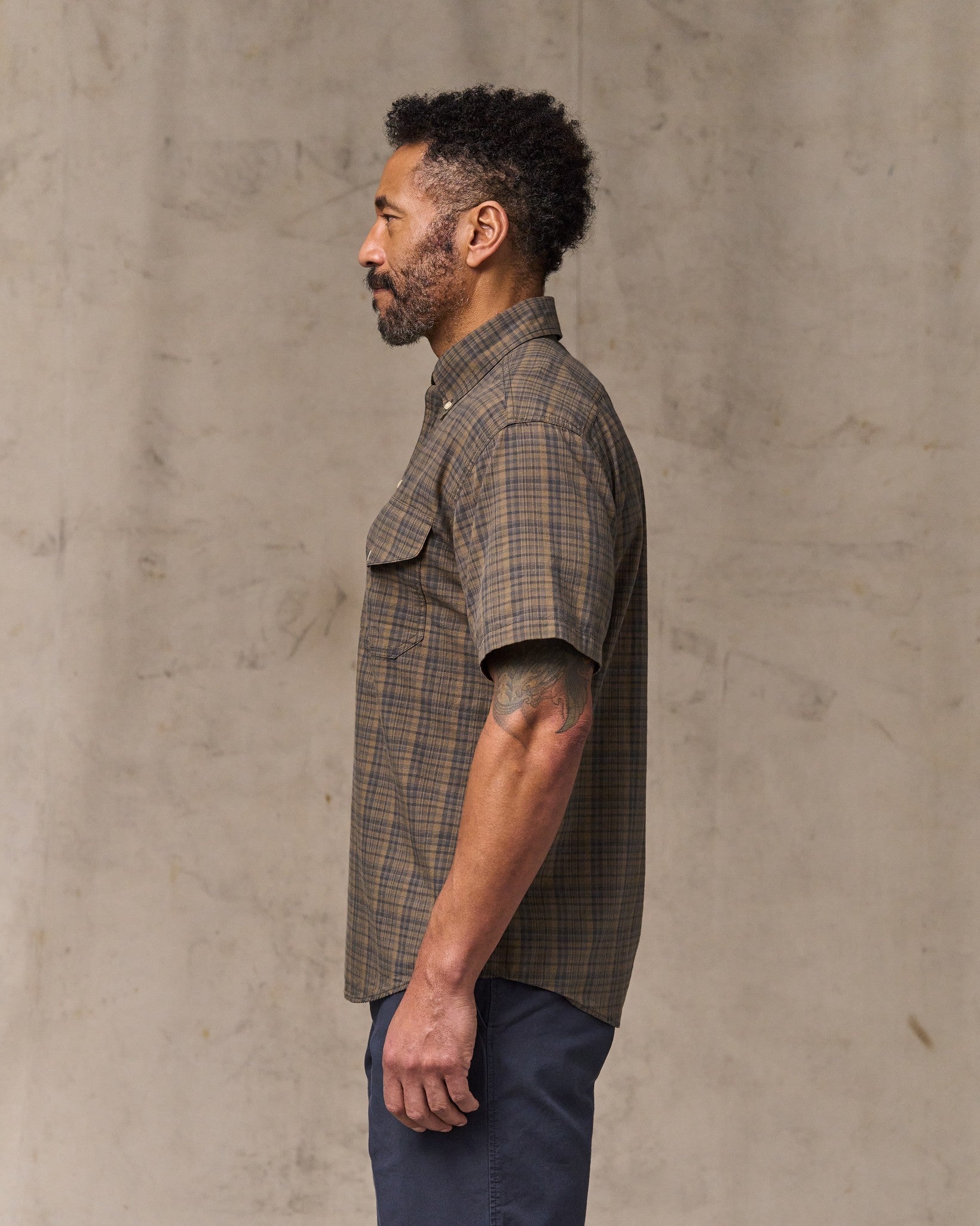 Short Sleeve Madras Popover Shirt - Brown / Olive Plaid - Image 3