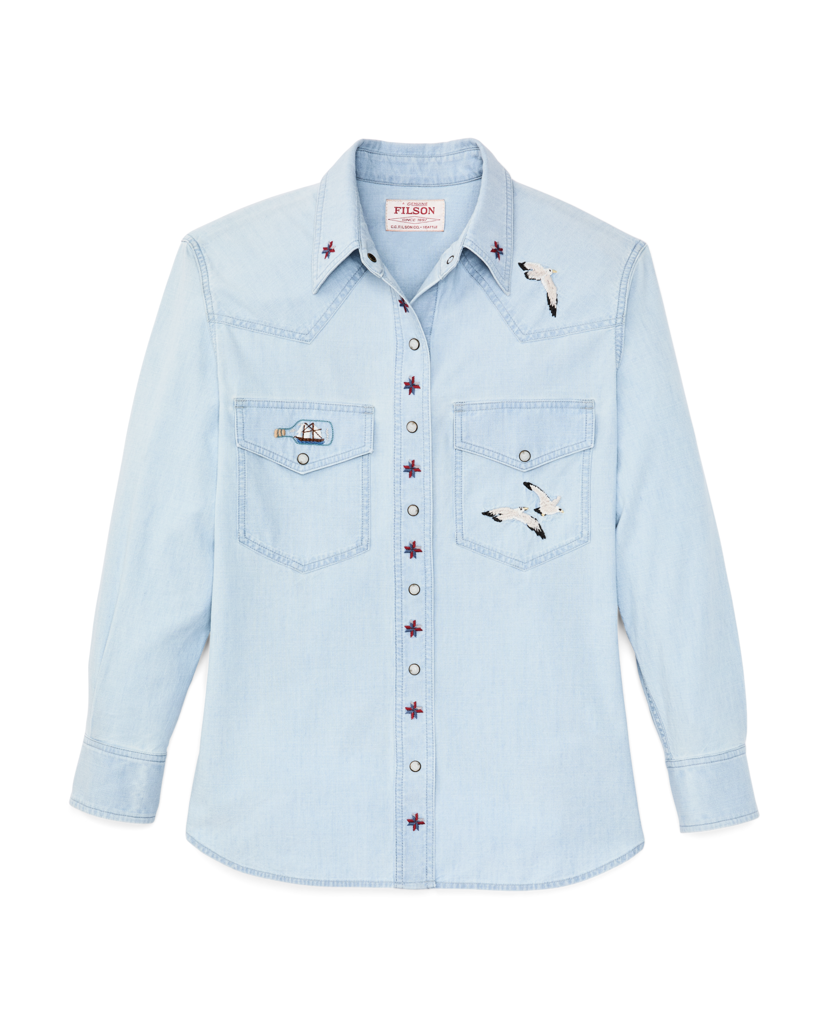 Women's Embroidered Western Shirt - Light Indigo - Image 6