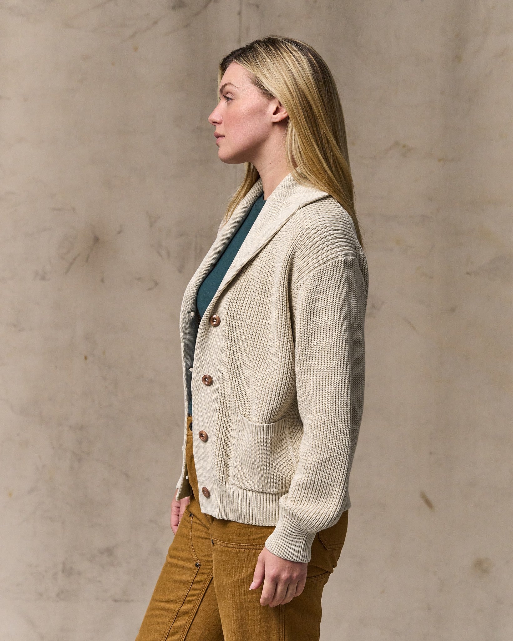 Women's Cotton Shawl Neck Cardigan - Natural - Image 4