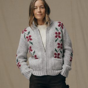 Women's Zippered Wool Sweater - Gray / Flower