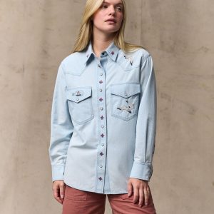 Women's Embroidered Western Shirt - Light Indigo