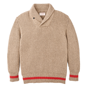 Bristol Shawl Neck Sweater  - Oatmeal Heather / Flame Stripe