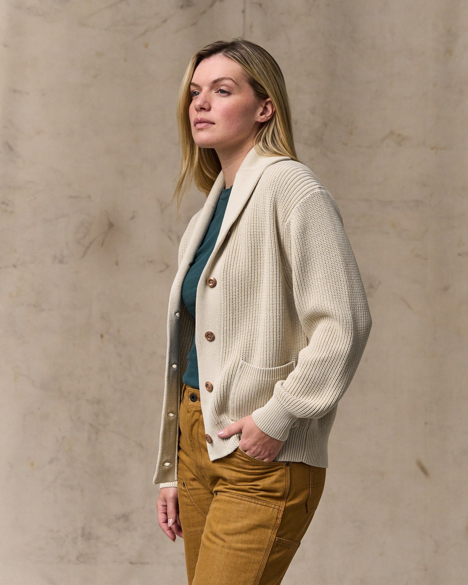 Women's Cotton Shawl Neck Cardigan - Natural - Image 3