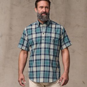 Short Sleeve Madras Popover Shirt - Gray / Teal Multicolor
