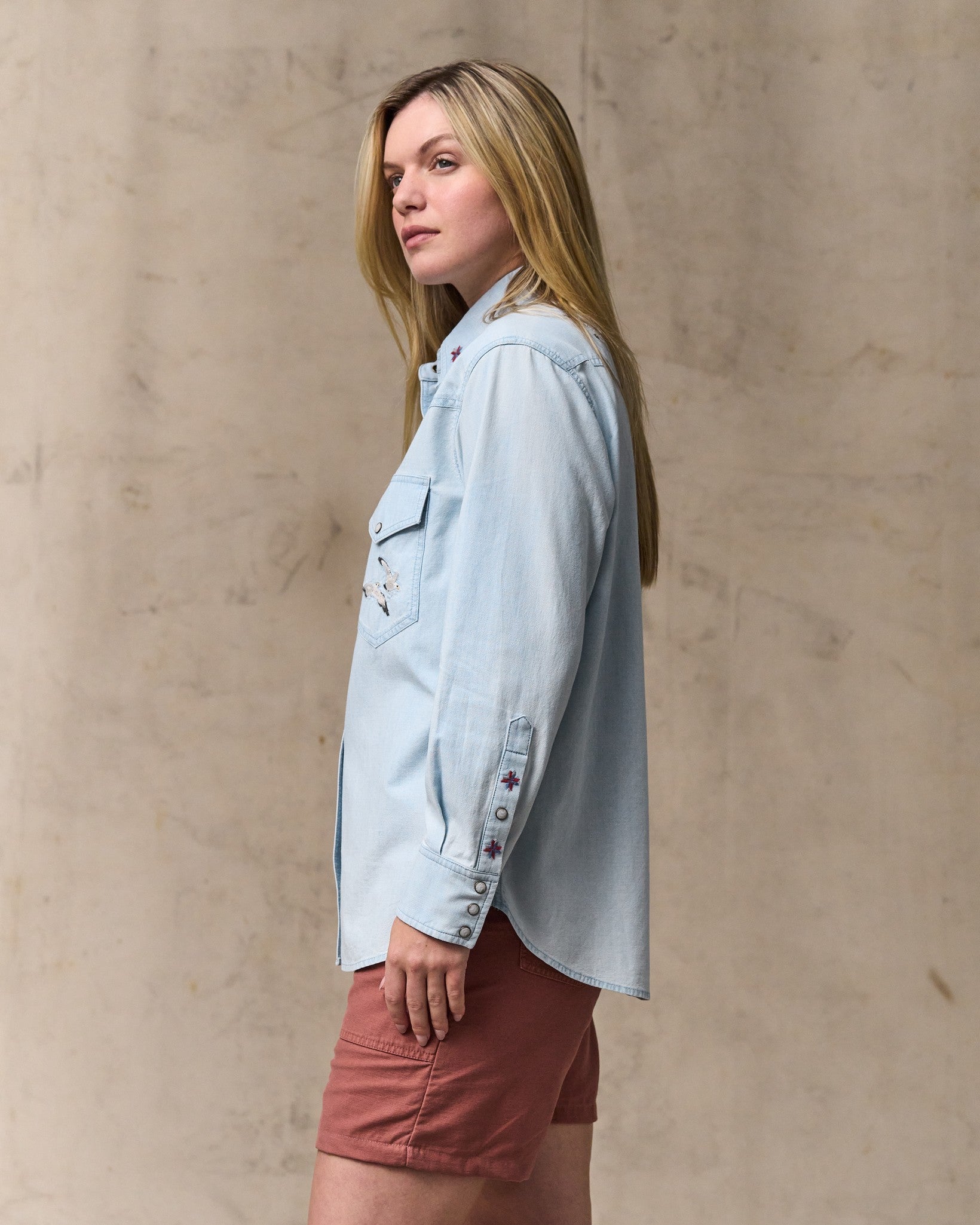 Women's Embroidered Western Shirt - Light Indigo - Image 3