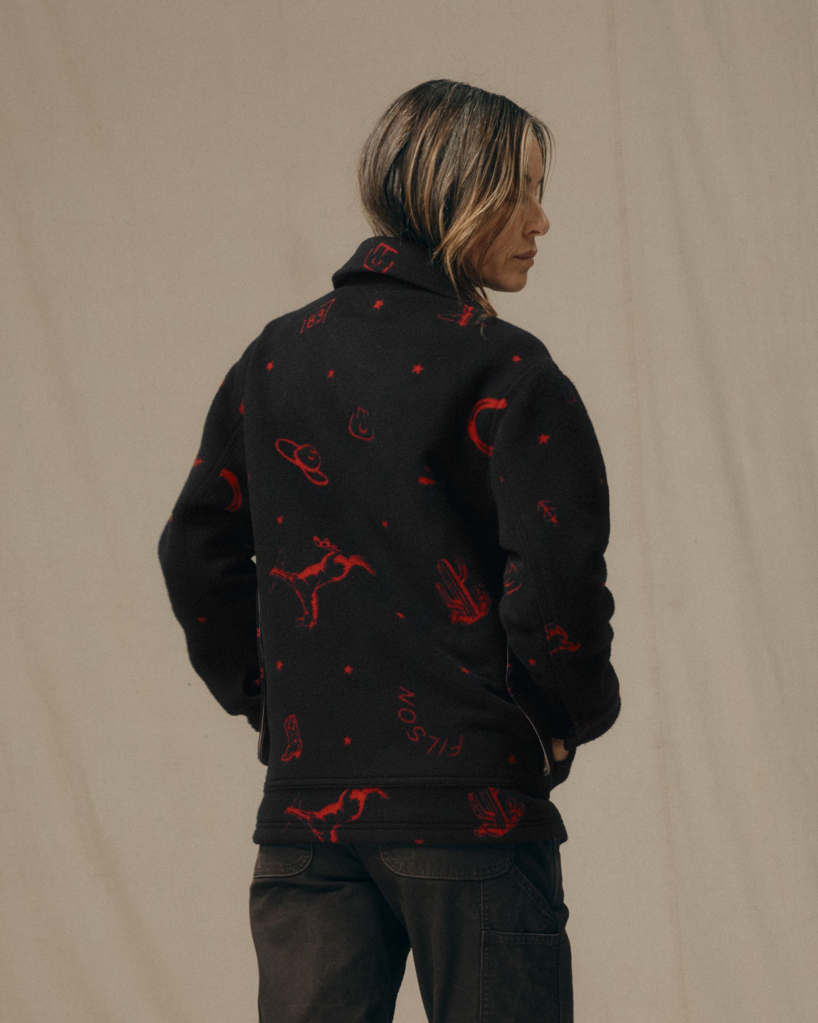 Women's Jacquard Wool Cruiser Jacket - Black / Red Western - Image 2