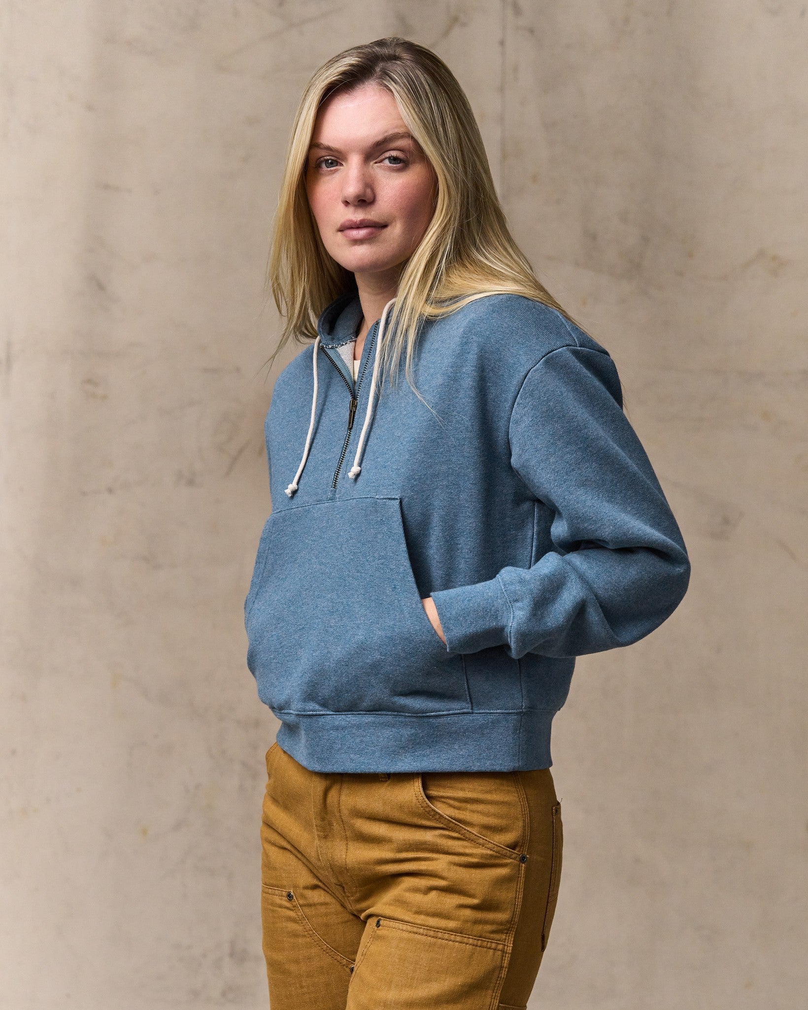 Women's French Terry Half-zip Hoodie - Light Blue - Image 4