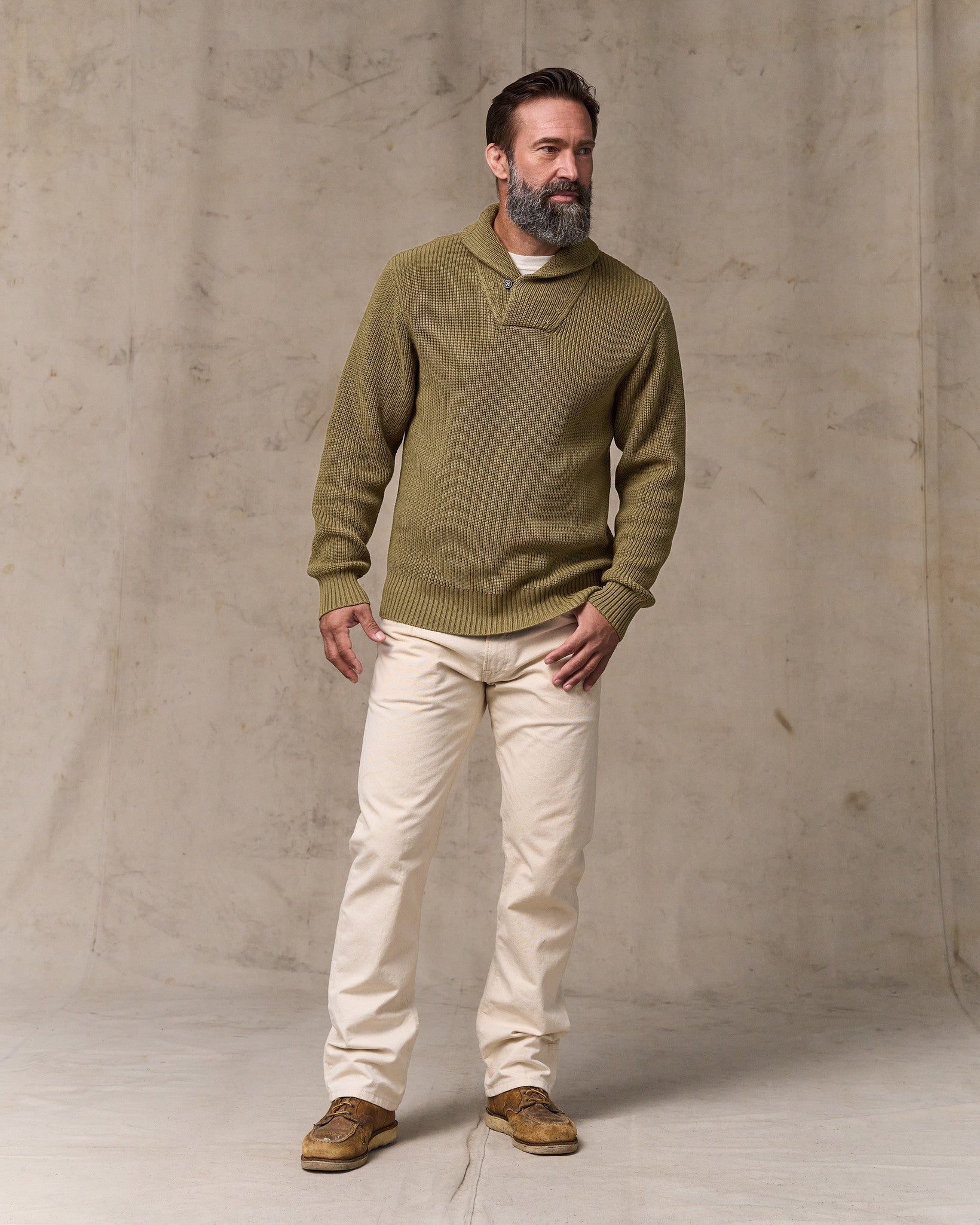 Vintage Cotton Shawl Neck Sweater - Cork - Image 4