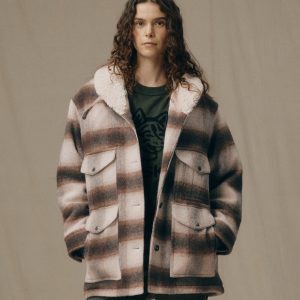 Women's Kodiak Shawl Collar Coat - Cream / Brown Shadow Plaid
