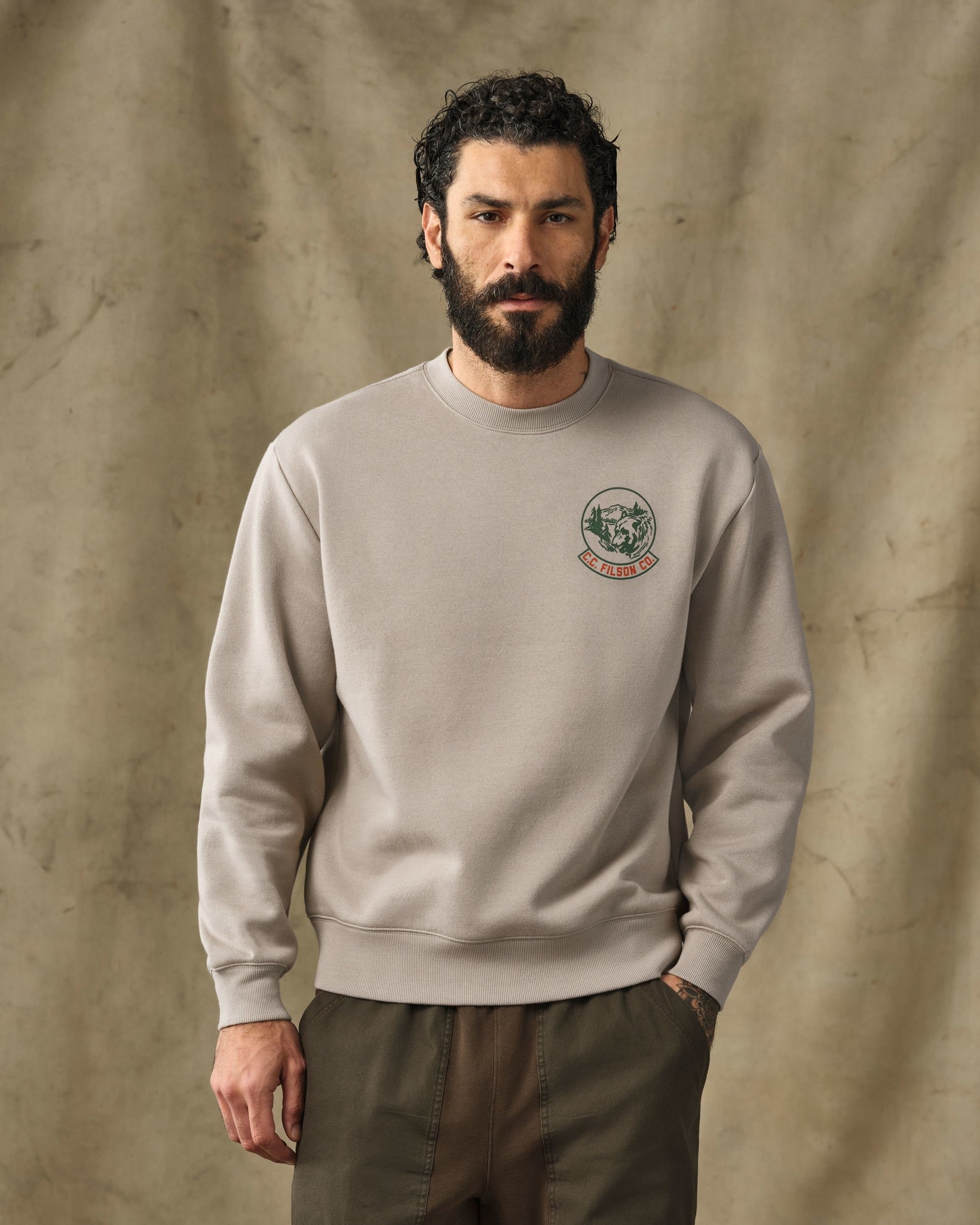 Bear Graphic Crewneck Sweatshirt - Vintage Khaki