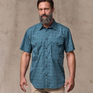 Washed Short Sleeve Feather Cloth Shirt - Blue Print