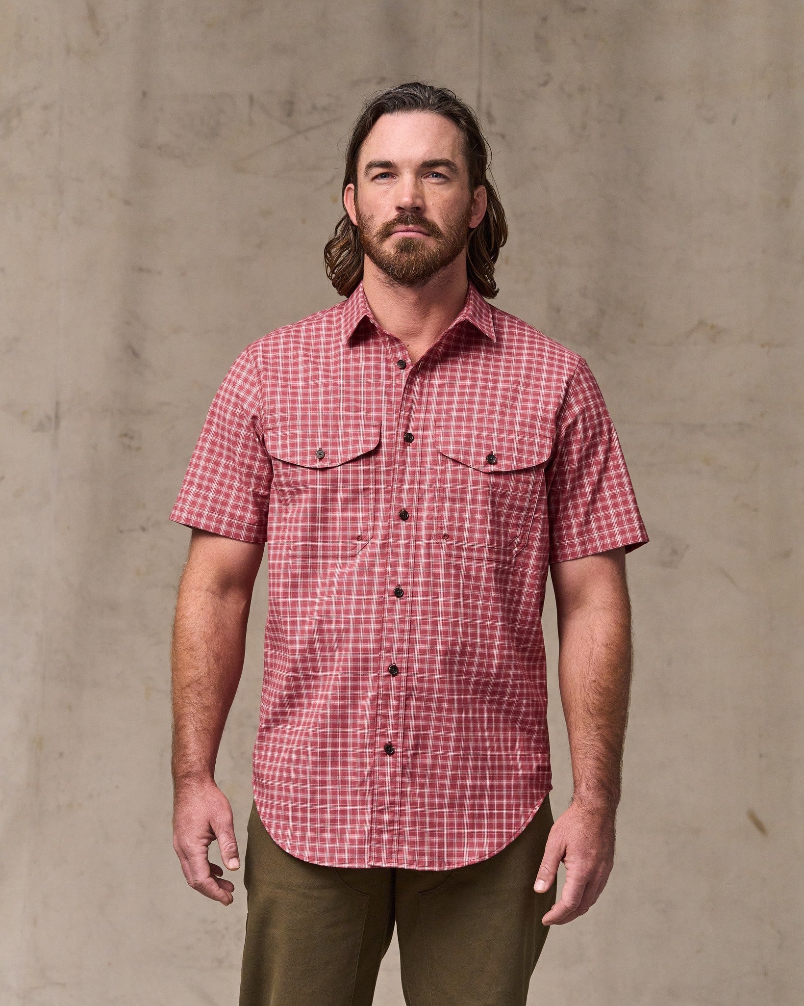 Twin Lakes Short Sleeve Sport Shirt - Brick / Cream Plaid - Image 5