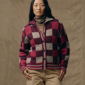 Women's Checkered Wool Cardigan - Burgundy / Gray Check